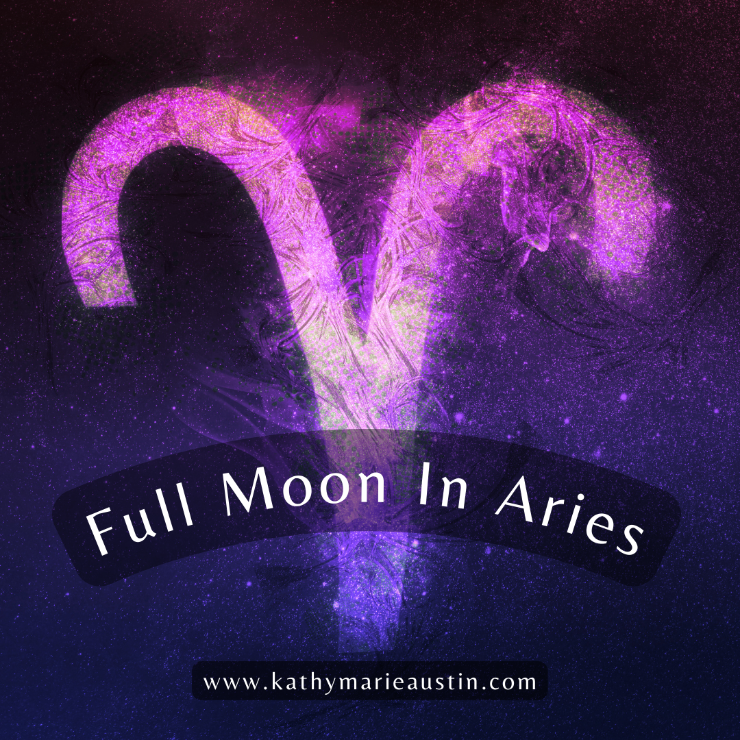 Full Moon in Aries. Purple Aries sign on starry background