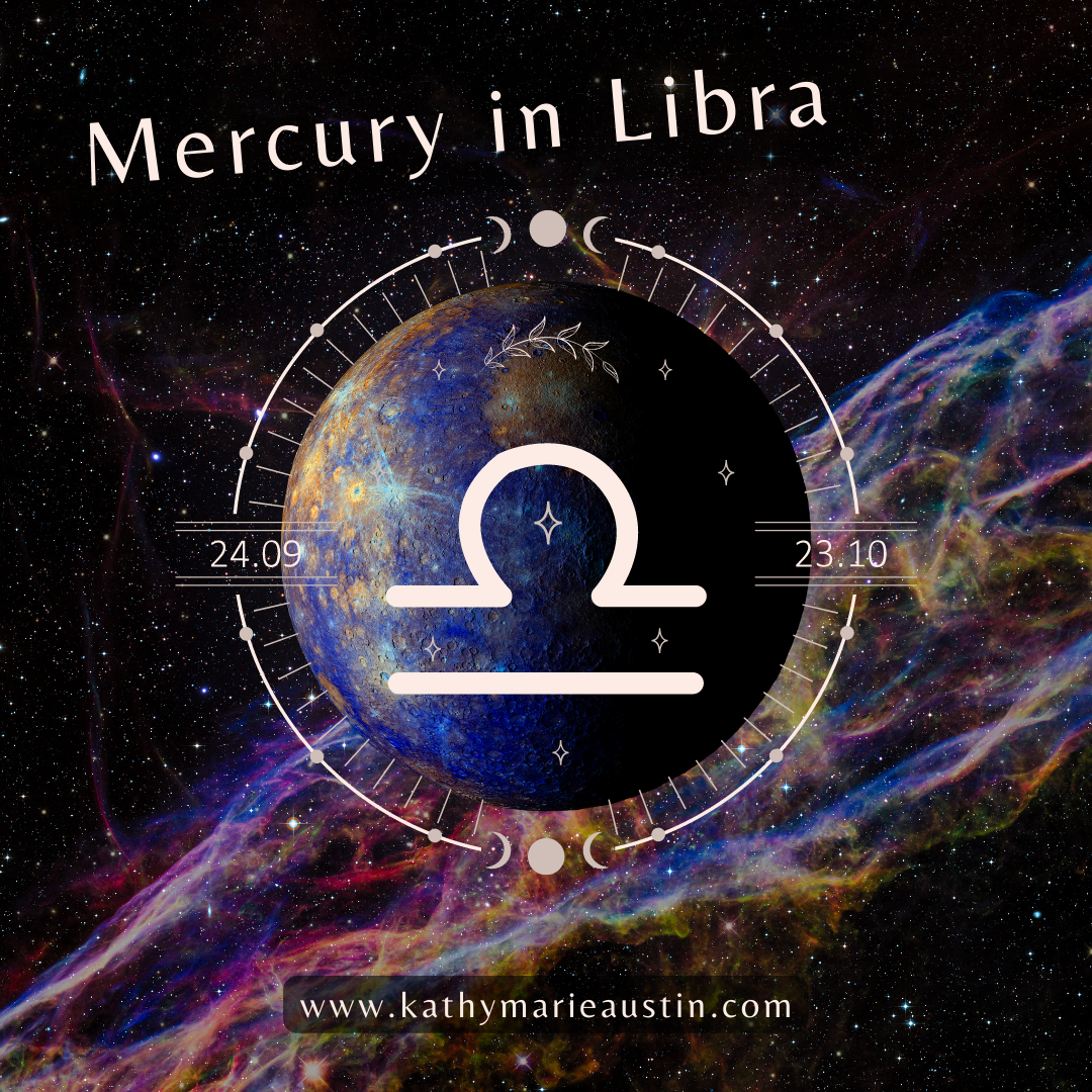 Planet Mercury in Libra astrology sign on galaxy background - Kathy Marie Austin