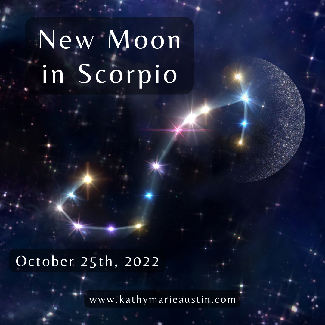 Scorpio constellation with new moon shadow over starry background. New Moon Scorpio - Kathy Marie Austin