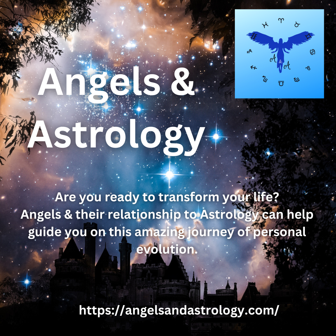 Angels & Astrology logo with text Are you ready to transform your life? Angels & their relationship to Astrology can help guide you on this amazing journey of personal evolution.