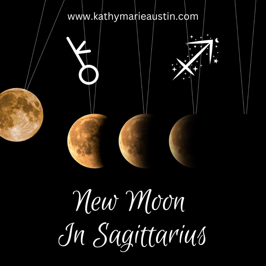 New Moon In Sagittarius. Moon phases on dark background with chiron symbol. Kathy Marie Austin