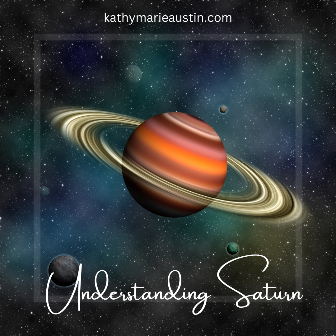 The planet saturn on a starry background with the title understanding saturn. Kathy Marie Austin