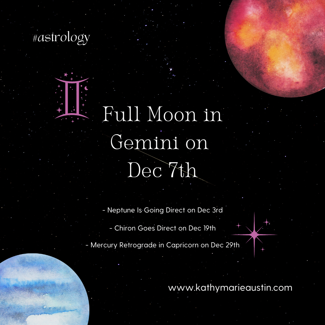 Full Moon in Gemini on Dec 7th on stary background with planets neptune and mercury. Kathy Marie Austin