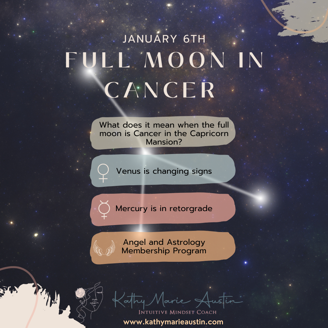 January 6th Full Moon in Cancer. List: What does it mean when the full moon is Cancer in the Capricorn Mansion? Venus is changing sign. Mercury is in retrograde. On starry background with Cancer constellation