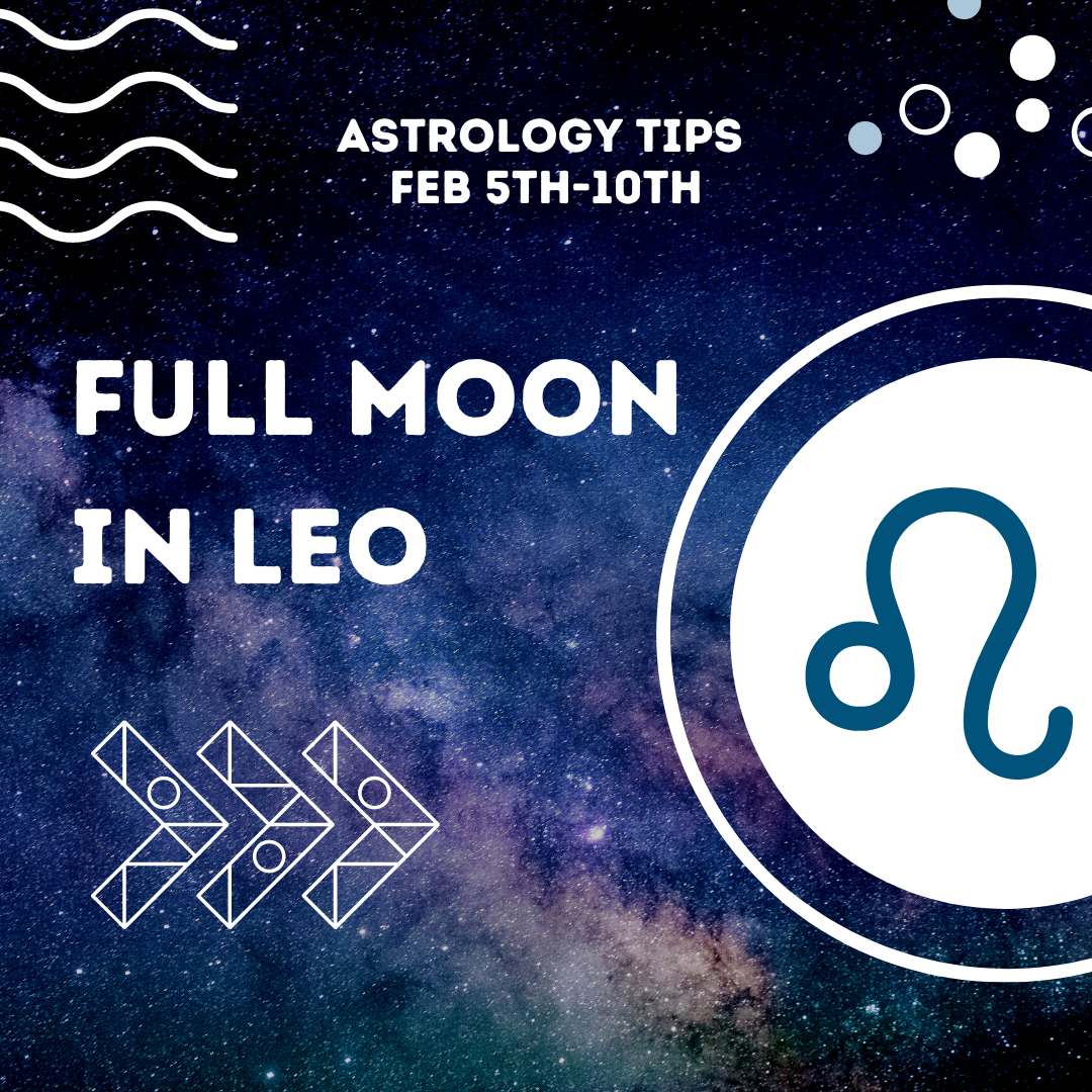 Astrology tips Feb 5th-10th. Full Moon in Leo. Starry background with moon and leo astrology sign.