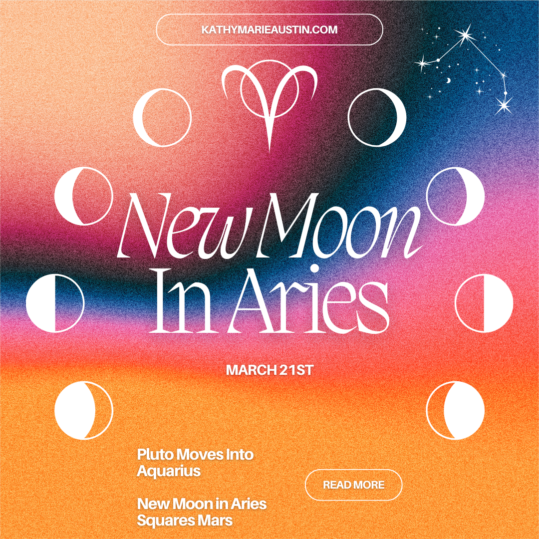 New Moon in Aries March 21st. Images of the moon cycle on multi colored background. kathy marie austin