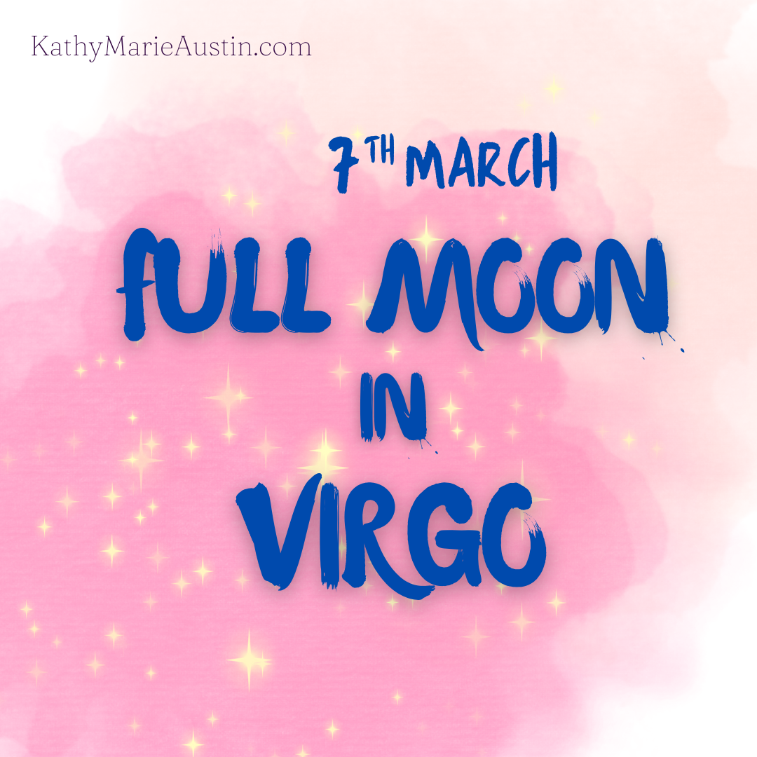 kathy marie austin March 7th Full moon in virgo over pink starry background