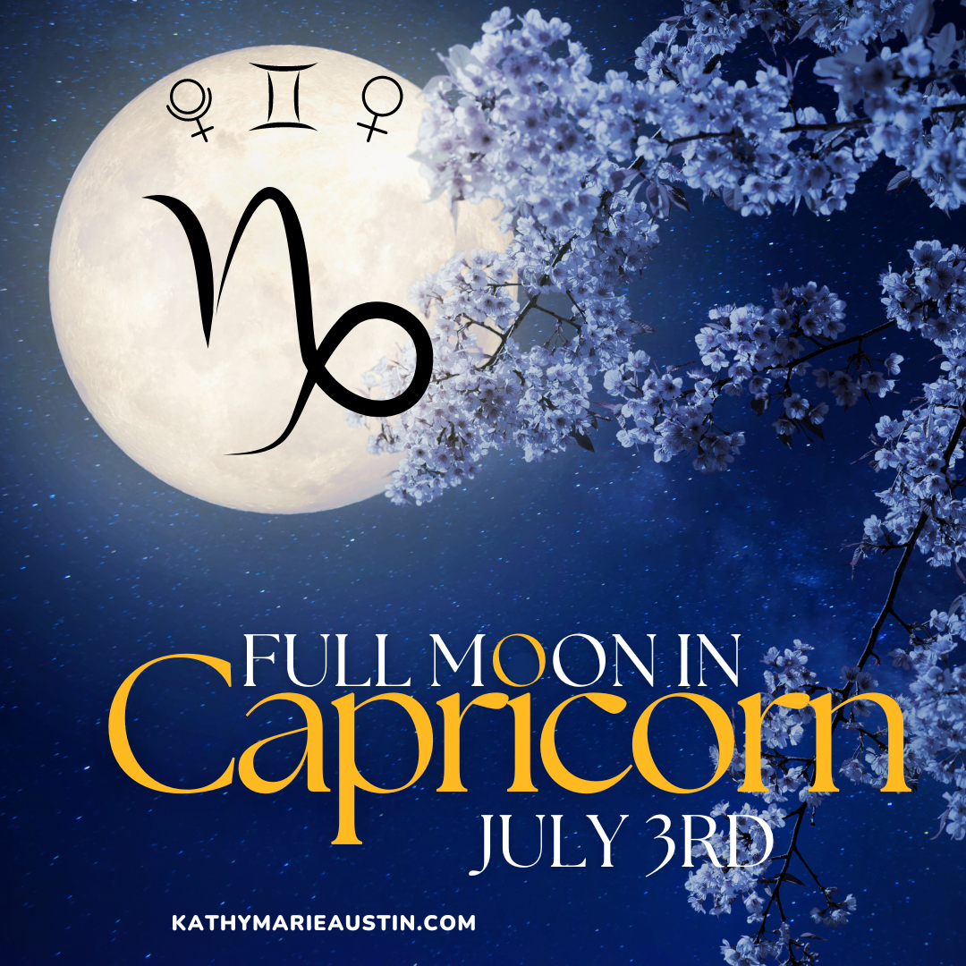 Full moon with blooming tree. Capricorn, pluto, venus, and gemini signs on the moon. Text full moon in Capricorn July 3rd . Kathymarieaustin.com