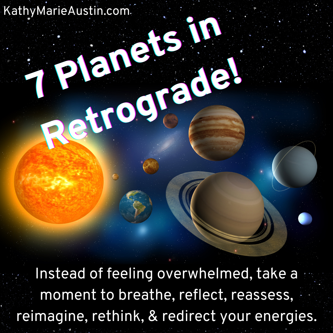 7 Planets in Retrograde! Image of the sun and 8 planets grouped together on starry sky. kathy marie austin