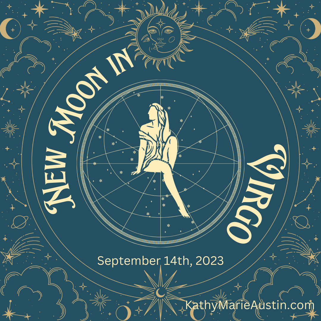 dark blue background with tan astrological signs. Image of virgo woman sitting. New moon in virgo september 14th