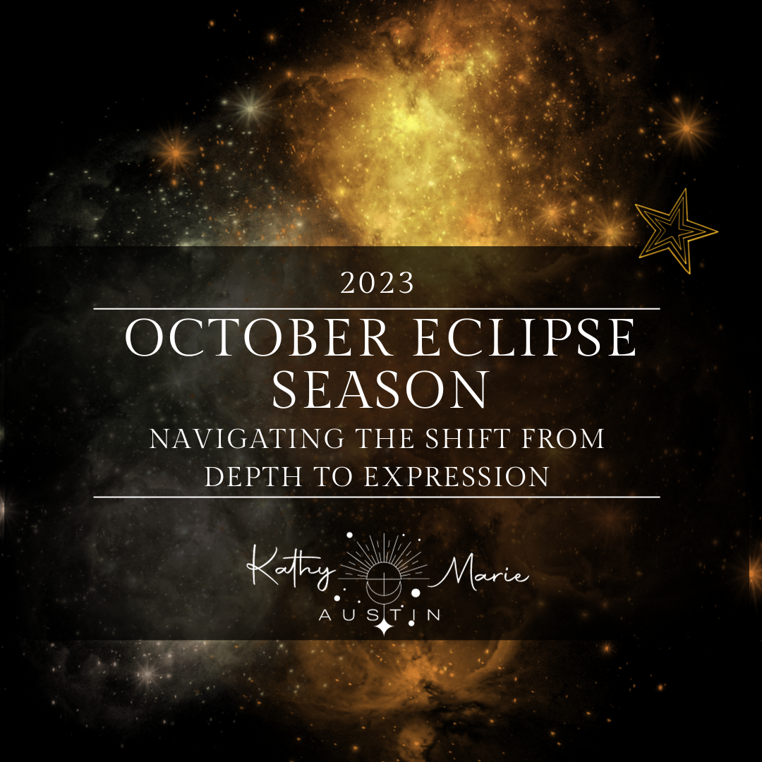 October eclipse season: navigating the THE SHIFT FROM DEPTH TO EXPRESSION. Black banner of words on top of yellow and orange astronomical image