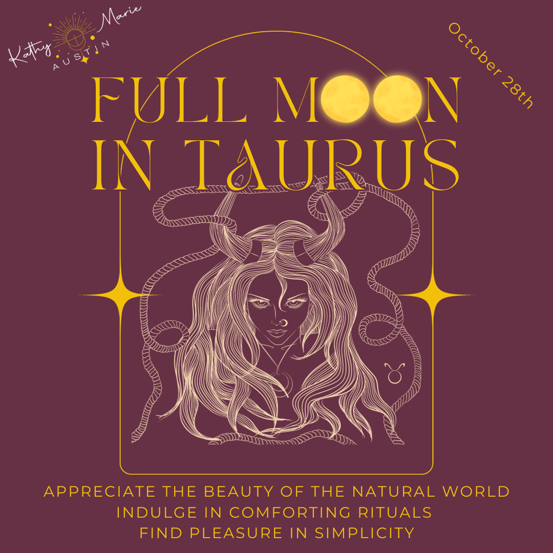 maroon background with the words: Full moon in taurus. The o's in moon are little full moons. Image of a woman with horns next to the astrology taurus symbol