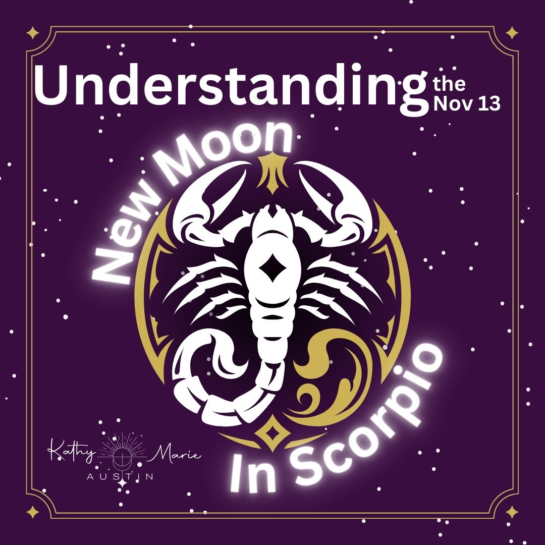 purple background with stars. Image of a white scorpion with gold embelishments, text: understanding the new moon in scorpio nov 13th