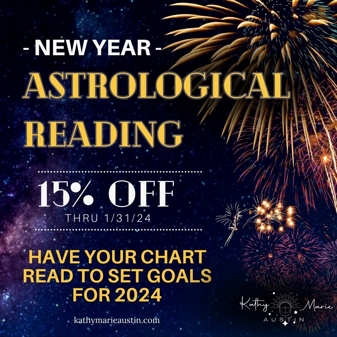 yellow, orange, and purple fireworks on a dark sky. 15% off astrological readings thru 1/31/24, Kathy Marie austin logo