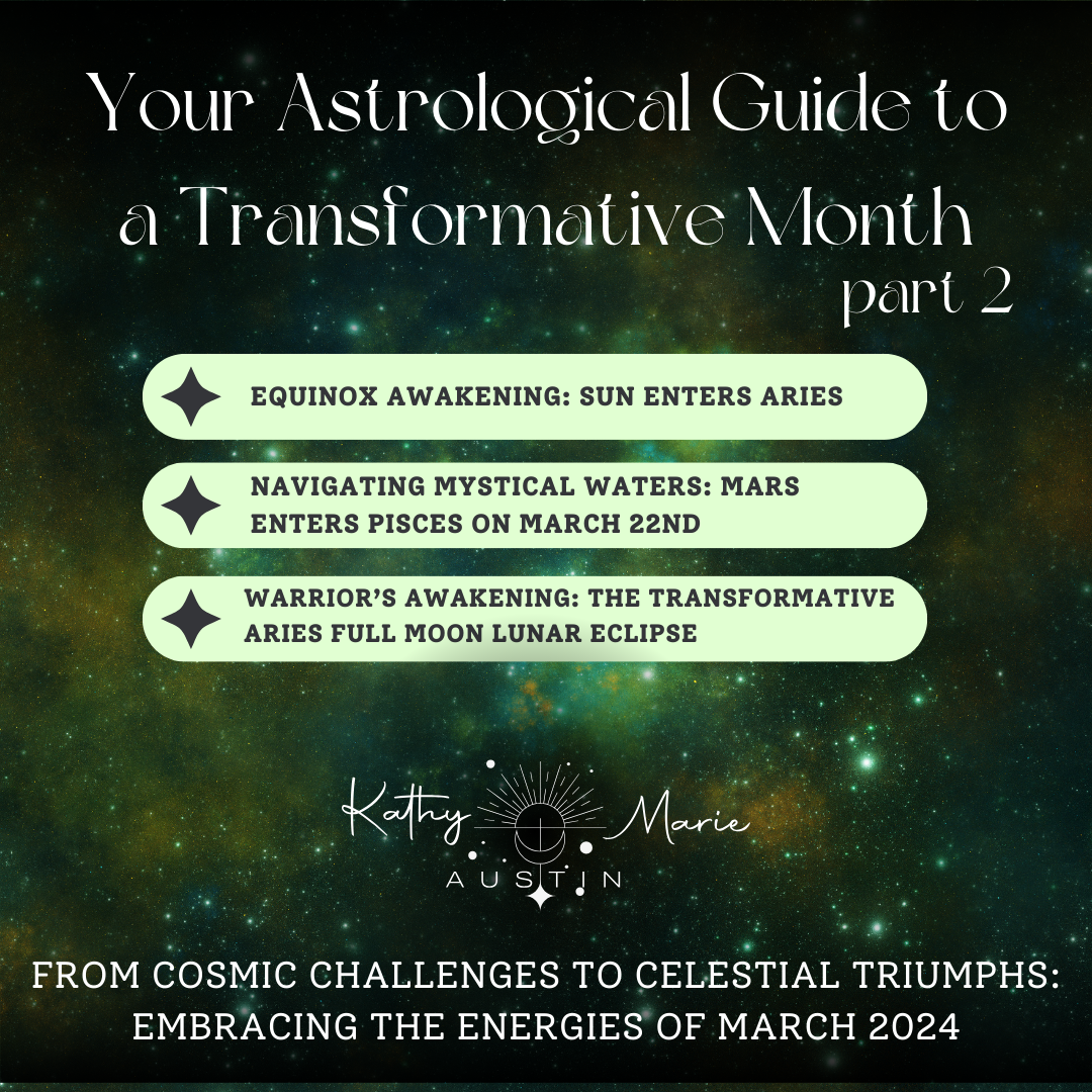 starry sky tinted green with the title YOUR ASTROLOGICAL GUIDE TO A TRANSFORMATIVE MONTH. Light green boxes with the headings from the article. Kathy Marie Austin Logo